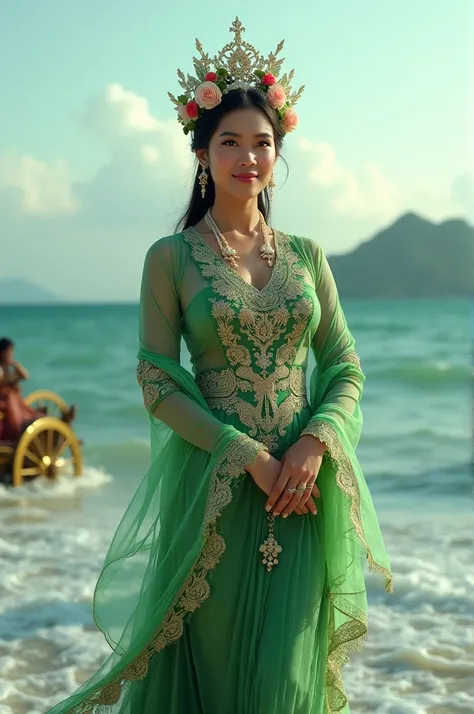 Indonesian female celebrity aged 42 years, very beautiful face, very nice body, plump, slim stomach, very big and round breasts, big buttocks, wearing a green kebaya with intricate motifs, a shawl, jasmine flower hair accessories, a queens crown hair acces...