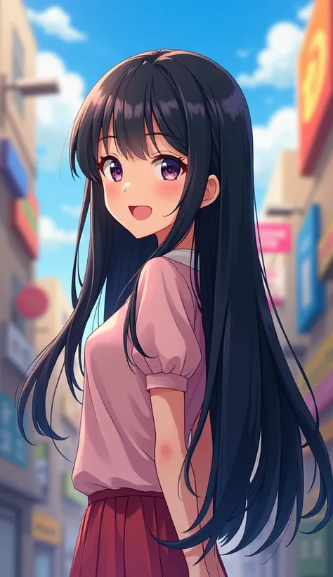 Black Hair,  very long hair, Mom, city pop,whole body, big smile, looks, Turn slightly sideways,anime, Character portrait, Straight Hair