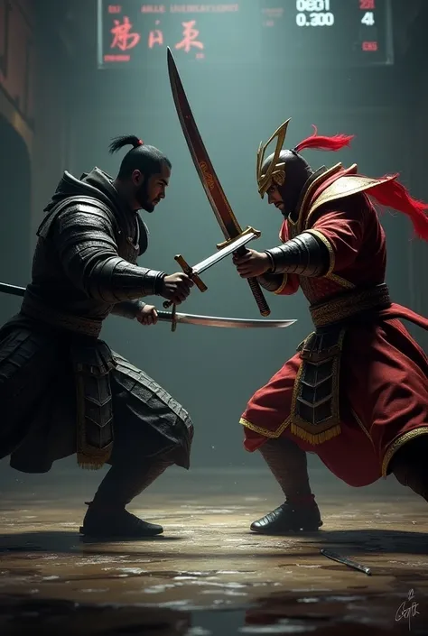 
A dramatic scene from Shadow Fight 3, depicting two samurai warriors locked in a fierce duel. One warrior, clad in dark armor and wielding a long sword, faces off against another samurai wearing red and gold armor and a massive katana. The background show...