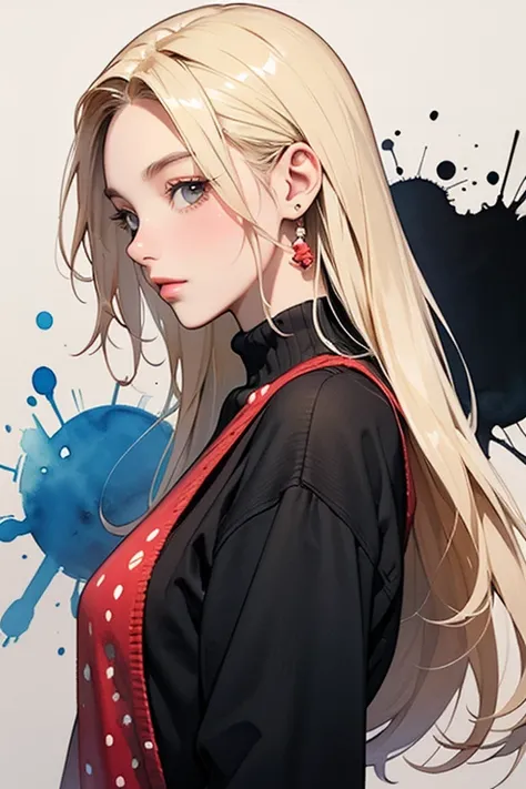  splash background with spray paint effect,  watercolor style, Watercolor detailed art, Watercolor digital painting, Blonde long hair、Tied on the side、Red sweater,Look to the side,whole body,Black spats, big bust 、Abstract colorful polka dot background、The...