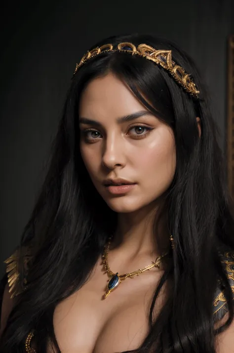 a beautiful woman with long flowing black hair, alluring and seductive gaze, powerful feminine energy, mystical and captivating presence, penetrating and piercing eyes, leaders confident and commanding demeanor, Cleopatra-inspired ornate headdress and intr...