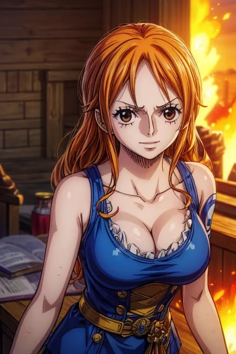  (Best Quality, 4K, 8k,  High Resolution , masterpiece:1.2), Super detailed, (Realistic, photoRealistic, photo-Realistic:1.37),  Preserving Anime Style ,Nami from One Piece, pale orange hair ,Beautiful brown eyes,Left shoulder tattoo,smile,Large Breasts, F...