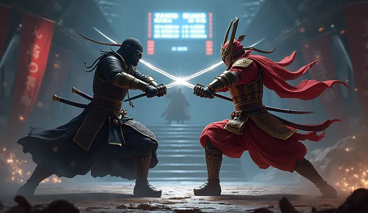 
A dramatic scene from Shadow Fight 3, depicting two samurai warriors locked in a fierce duel. One warrior, clad in dark armor and wielding a long sword, faces off against another samurai wearing red and gold armor and a massive katana. The background show...