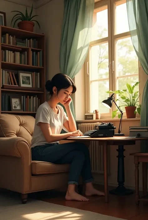 living room, couch, window, curtains, dappled sunlight, potted plant, table, cabinet,bookshelf, paper, desk lamp, typewriter, girl sitting on sofa