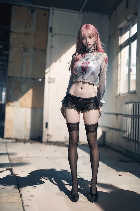 ((Pink Hair)), Height: 170cm, Weight 40kg , adult women, (nsfw:0.9), (Full Body Shot), (Large Breasts), (( abs are very prominent )), Big Eyes, Long legs, Healthy Body, Naked torso, (The size is too small miniskirt:1.5), ( showing legs and thighs:1.2), Bla...