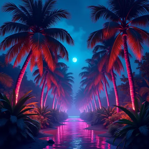 neon coconuts trees, summer vibes night, lights neon