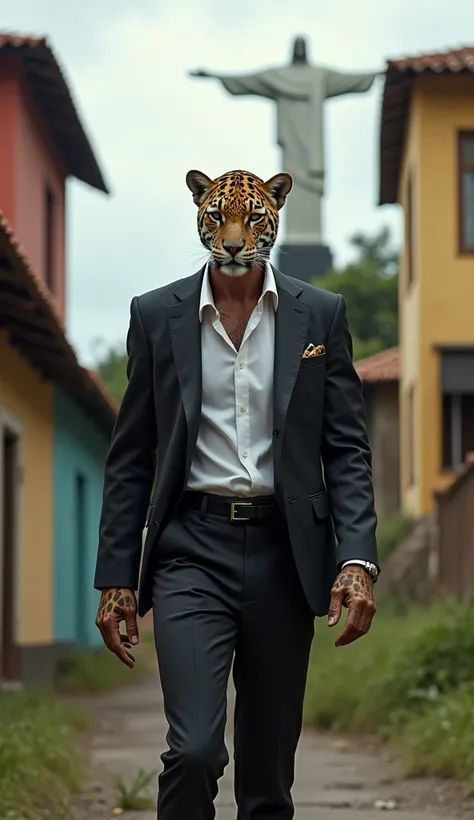 Falcão (Brazil): "Imagine a jaguar in a human body, dressed in a button-down shirt and an elegant suit jacket, standing in a favela. His keen gaze observes his operations, symbolizing his role as Brazils crime boss, with the statue of Christ the Redeemer i...