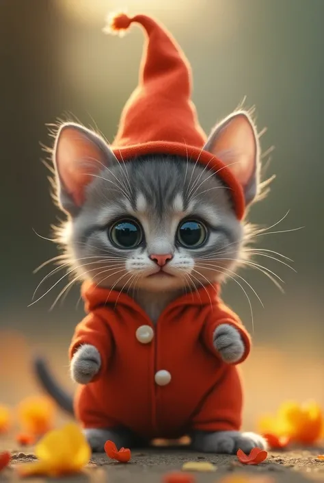 créez une vidéo hyperréaliste dun petit bébé chat déguisé en ca le clown trop mignon . Le chaton est petit, avec une peau ridée et grise et de grands yeux expressifs.  La scène est étroitement centrée sur le bébé chaton, mettant en valeur ses traits délica...