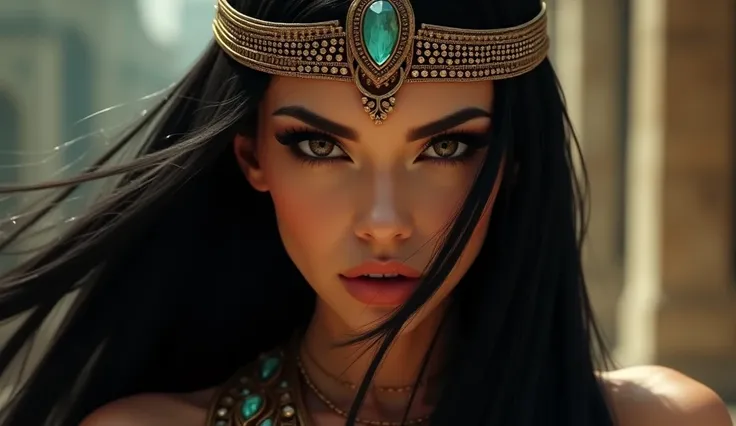 a beautiful woman with long flowing black hair, alluring and seductive expression, piercing eyes that command attention, powerful feminine presence, ancient Egyptian inspired headdress and ornate jewelry, mystical and otherworldly atmosphere, high quality ...