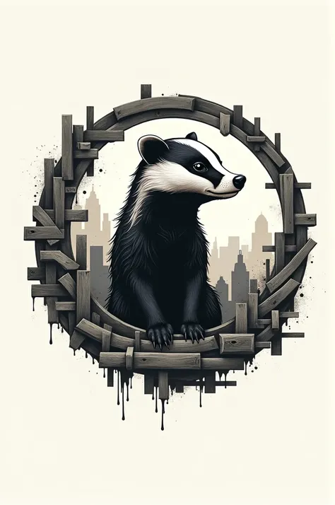  A badger designed in architectural style , num misto de estilo trash polka, creating a logo brand ,  in the composition of the logo circle sculpted joinery items 