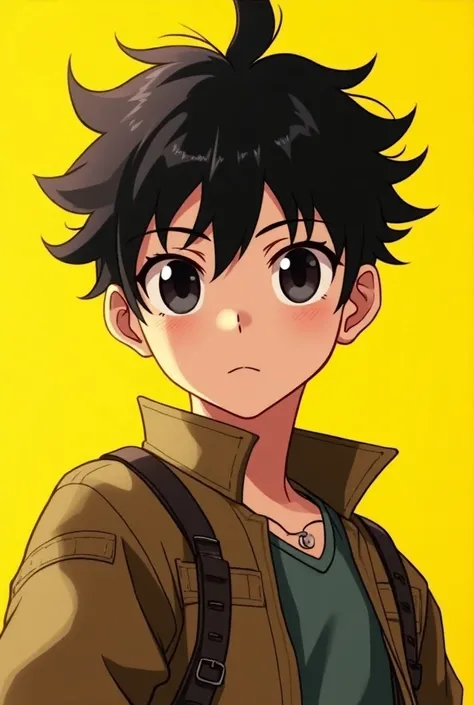 screencap, Style, cute anime boy , with messy black hair, Big, expressive eyes,  with defined body and unique clothes,  athletic and striking face, Yellow background.