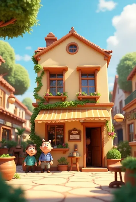  Create a 3D-Pixar-style cartoon scene , a 2-story ,  building that says light beige events