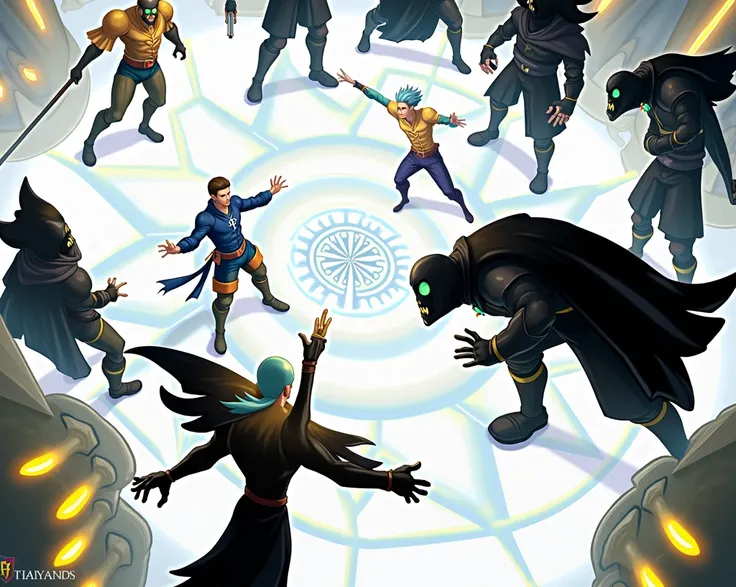 Make this image look like a MOBA game. Change to a low angle shot. Color tone: blue, yellow, white. The area where the characters step is in a MOBA style with lots of details. In the middle are two characters. Surrounded by bandits in black robes standing ...