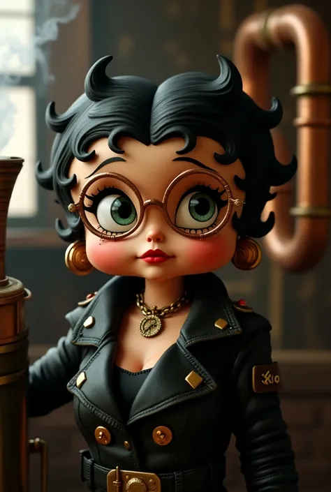 Betty boop, wearing copper steam punk glasses, wearing a black leather jacket , a couple of brass compasses on the leather jacket ,A steamer , has a copper tube on the back of a steamer, continuously ejecting steam ,Steampunk style