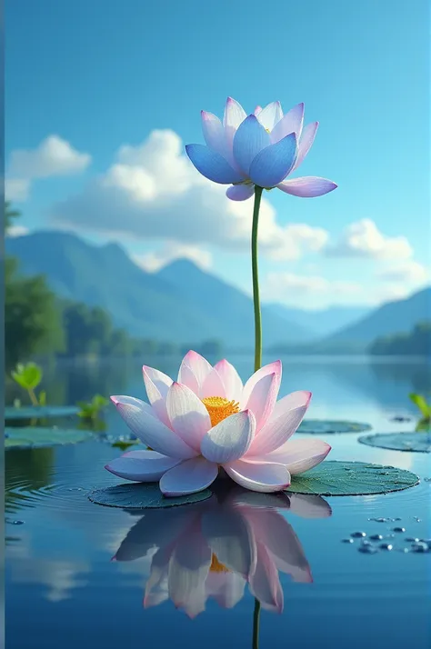  Beautiful lotus flower in the middle of a quiet lake with silky blue lotuses. Beautiful high quality photo .