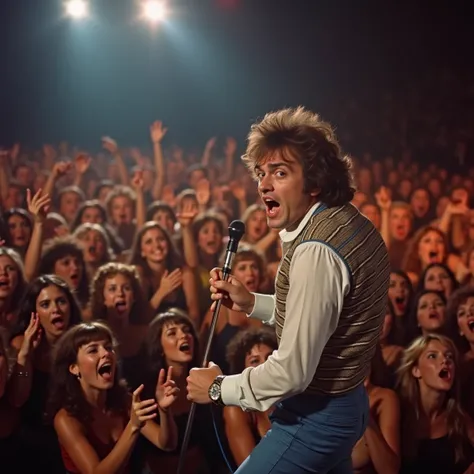 1970s retro photography of a male singer on stage during a concert, looking overwhelmed, chased by a crowd of desperate female fans trying to reach him, everyone dressed in typical 70s fashion, dynamic action shot, concert setting with stage lights and lar...