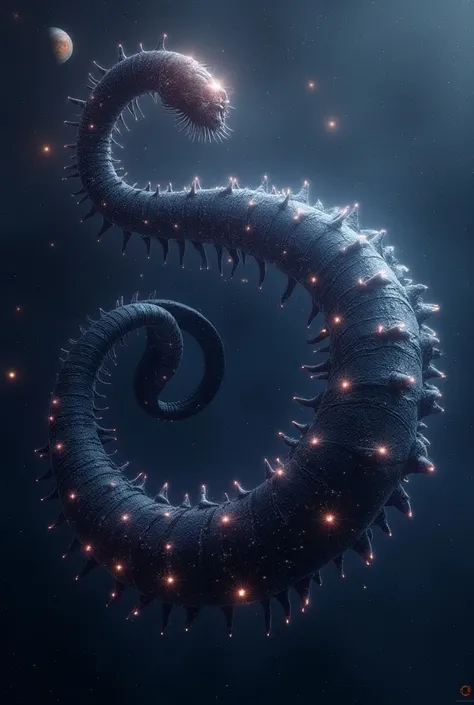  The enormous cosmic centipede is larger than the planets , he twists across the corners of space his length is infinitely black with a beautiful glow of starlight,  eats the earth and his feet are small compared to his body ,hes more into length than widt...