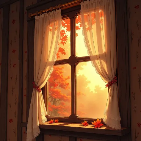 snow white animation ,cottage window close up in autumn