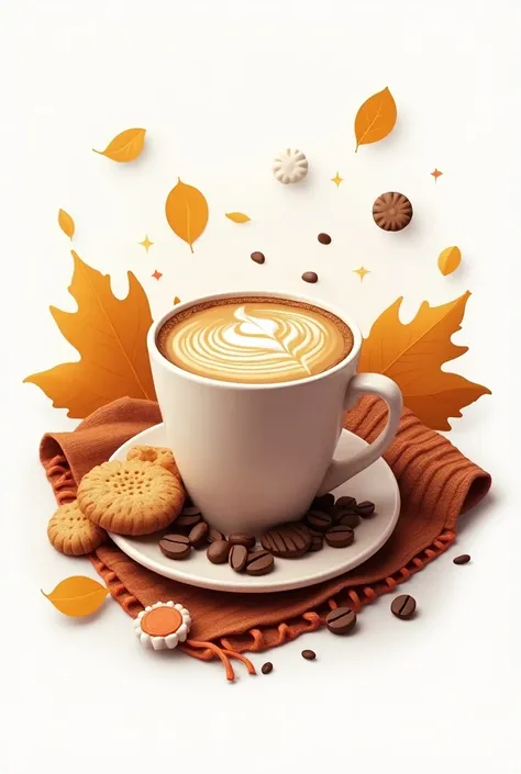  Beautiful sticker on a white background ,  3D illustration style image. A cup of coffee, cappuccino  , large coffee beans, autumn leaves, scarf, cookies, candy 