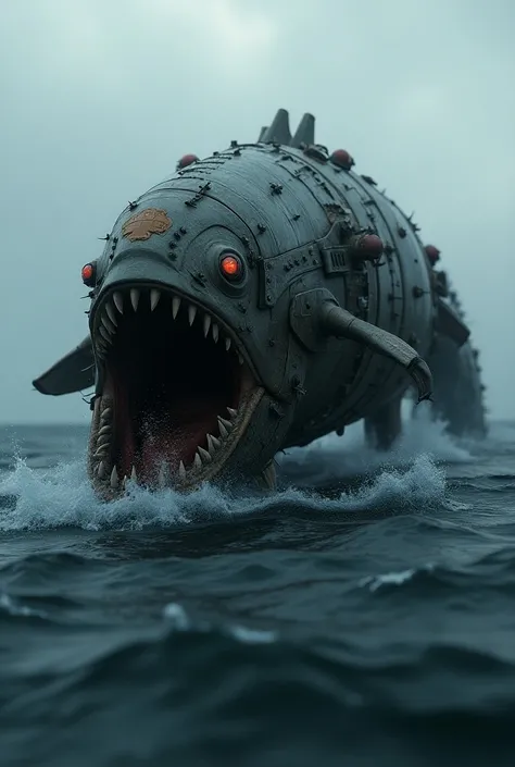 Pirana in a Warship body looks like a monster 
Floating in the sea surface 