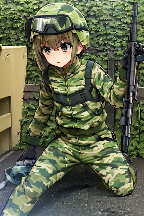 ((( Yagami Hayate · military personnel · self-defense force · shooting training · firing · holding a rifle · camouflage suit · goggles · helmet · equipped with a grenade on the lower back · training ground · 1 girl)))、(((1boy · military man · camouflage su...