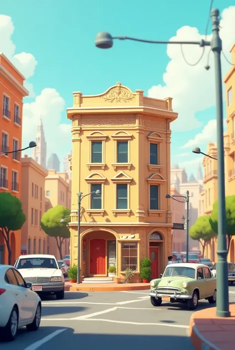  Create a 3D-Pixar-style cartoon scene , a 2-story ,  that say events in a city, All in front of cars ,  color beige and light white , That there are no people in the image