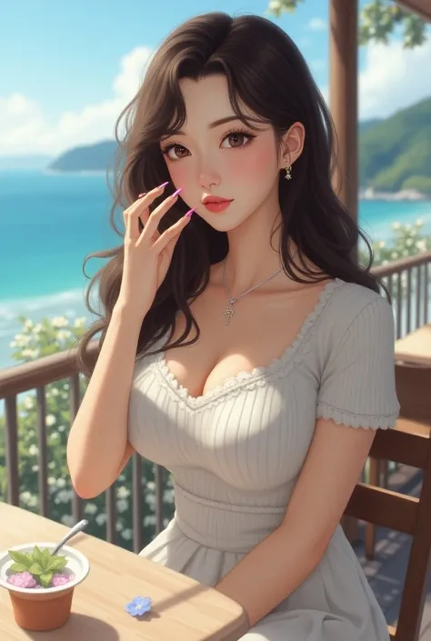 ( super real), (shape), ( High Resolution ), (8k), ( very detailed), (Best shape), (Big beautiful double eyelids), (Best Quality), ( very detailedな), (masterpiece), (wallpaper), (Detailed face), Seaside terrace cafe、A clear background、Long curly hair、Earri...