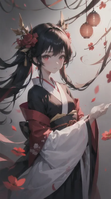 Black Hair、 Red Eyes、kimono、White、 1 girl,  black background、Particles of light、Red petals、Mysterious