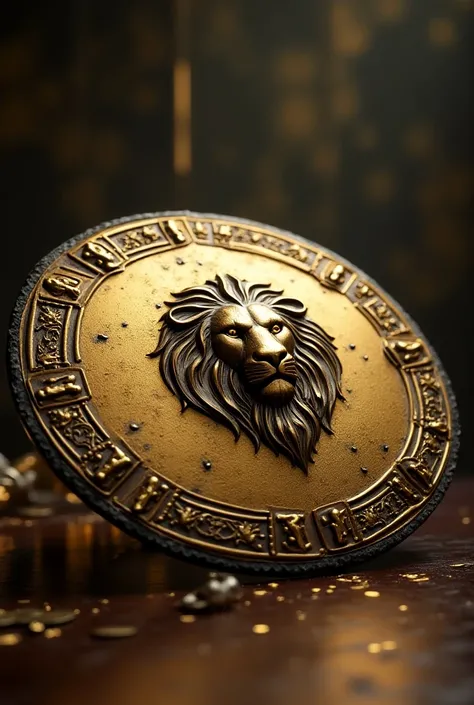 (Outstanding、Professional、Surreal)、Detailed large shield, gold Metallic texture, Lying on the table, The shield shine, engraved with lion on the shield, luxurious