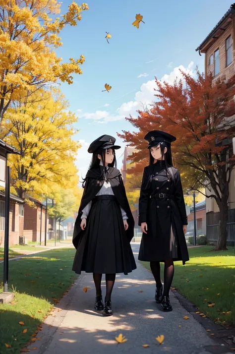 The old brick town, the rows of ginkgo trees, the falling leaves, the new black coat, black school cap, black cloak, black school uniform, black stockings, black lace-up shoes, black hair, high school girl,