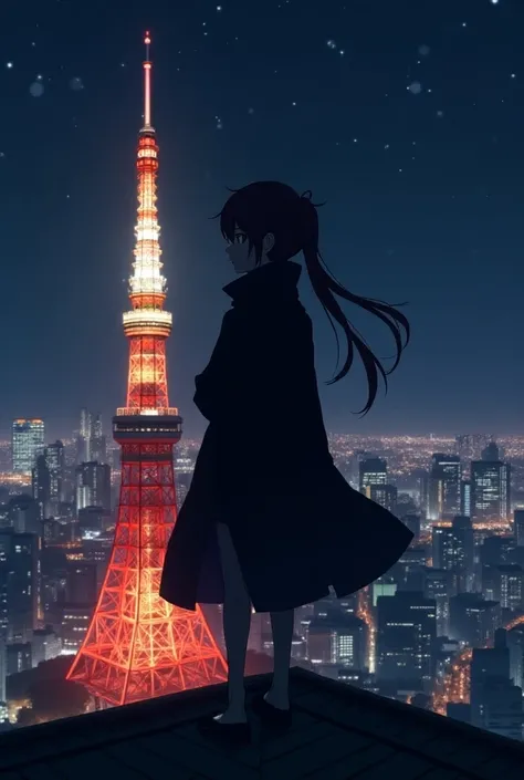 Cool anime character standing top of the 
round Tokyo tower and looking down at night