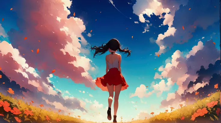 ((best quality)), ((masterpiece)), (detailed), clear sky, 1girl, young adult, tiny body, from behind, long shot, main background, 