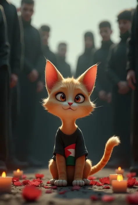 Anime 3d character a cat wearing a t-shirt depicting the Palestinian flag is sitting in the middle of a funeral