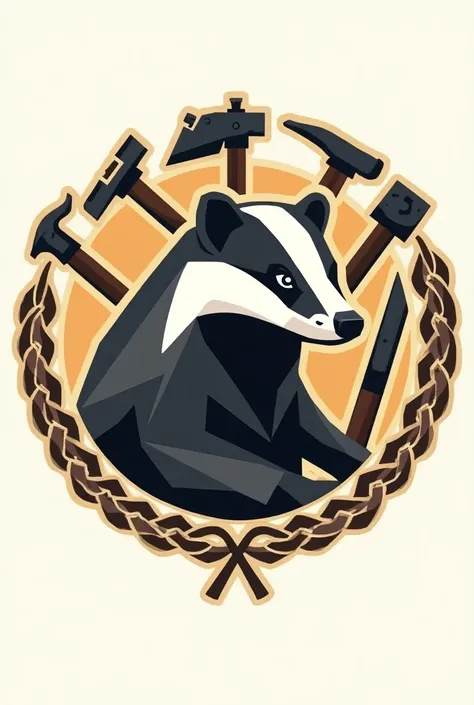  A badger drawn in geometric shape with a line in trash polka style, creating a logo brand ,  in the composition of the circle manual tupees , electric planers ,  manual electric saws ,  squares and braids carved around forming a single coat of arms  