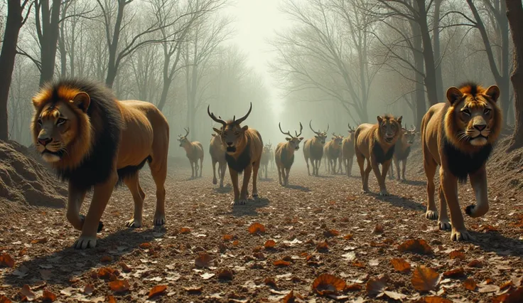 A dry, barren landscape of the forest with no water, brown leaves on the ground, and emaciated animals like lions, tigers, and deer walking slowly, exhausted from hunger.