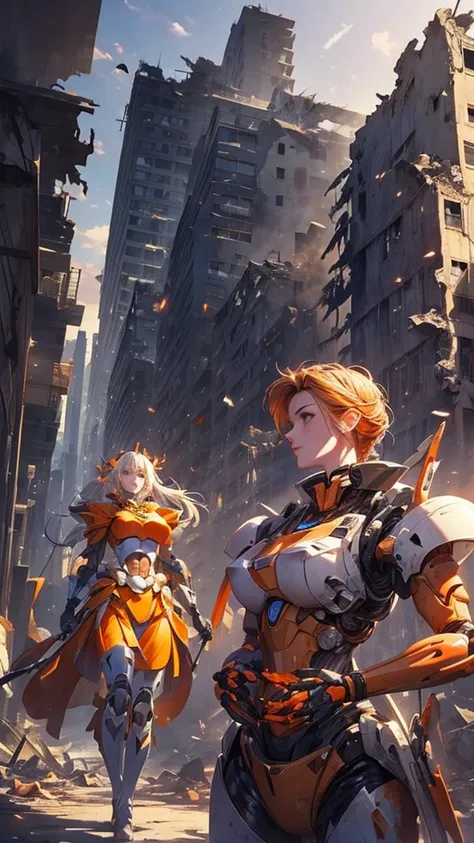 A gentle and elegant ink painting, a (huge orange mecha robot) in a (destroyed city), next to a girl wearing a (future red combat outfit)