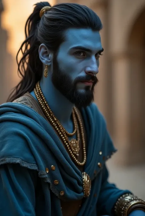 a man, blue skin, very thin, black mid-length hair tied up, very short beard, ancient royal Berber attire, jewelry, cinematic lighting, complex fantasy character, fantasy, magic, dynamic pose, gentle smile, in an ancient Berber city, best quality, HDR, 8k,...