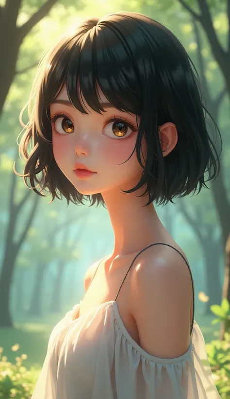  A young woman with an artistic style that resembles animated characters,  specifically in the anime style 3D illustrations . She has short hair , slightly wavy,  of dark color and with a fringe that covers part of the forehead . Your eyes are big and expr...