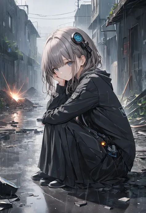 Best Artist,anime,(8k, Best Quality)、 super high definition、Adorable、Best Quality, beautiful, Absurd beauty、masterpiece、Highest quality、Rainy old background,Broken Android,A sad and poignant piece,Grey World,An android girl who continues to believe even af...