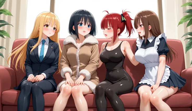 4 women, sitting on a couch, 1st woman blonde with long hair wearing a business suit, 2nd woman with short black hair wearing a winter coat, 3rd woman with dark red ponytail hair wearing a black bodysuit, and 4th woman maid with long straight brown hair we...