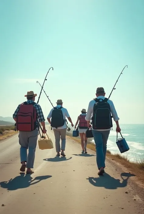  Fantastic and vibrant image , transmits a lot of energy and joy.  In the image we can see in large several sport fishermen .  THE fishermen are dancing on the road that leads to the beach.  They are dancing with happiness . The fishermen look at the sea ....