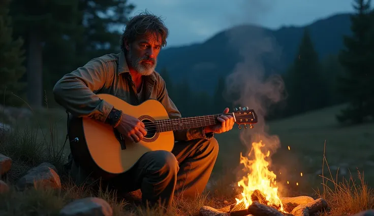 country man playing guitar in campfire