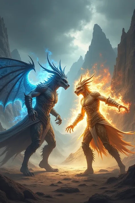  Two fighters , Ellyndor e Arthan,  stands face to face in a desolate arena ,  surrounded by mountains and a stormy sky . Ellyndor,  with his humanoid form and draconic details of Bahamuth and Tiamat ,  take a firm stance ,  with their pulsating aura in bl...