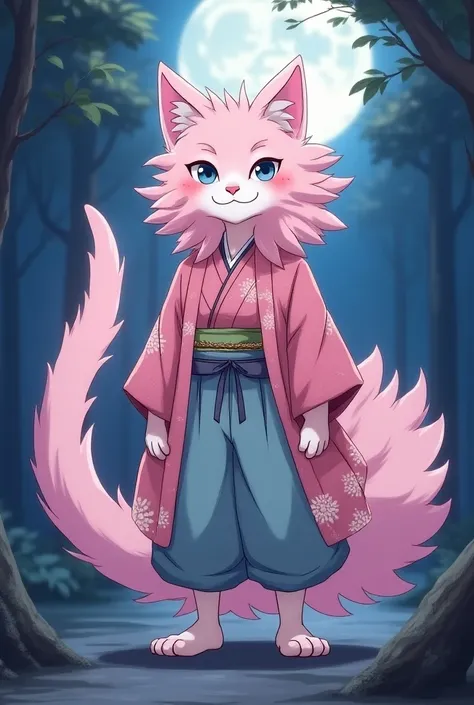 Anime-style illustration of: Mythical beast of legend. A light pink toned, anthropomorphic cat wearing a light pink kimono with flower patterns, and light blue hakama pants depicted in an RPG Fantasy Fictional style, and with a tall, lean, feline figure. H...