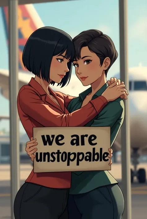 Two women hugging,  a 20-year-old woman with a black Japanese haircut and the other woman with short black hair in her 50s, getting on a plane and holding a sign that says  "we are unstoppable"