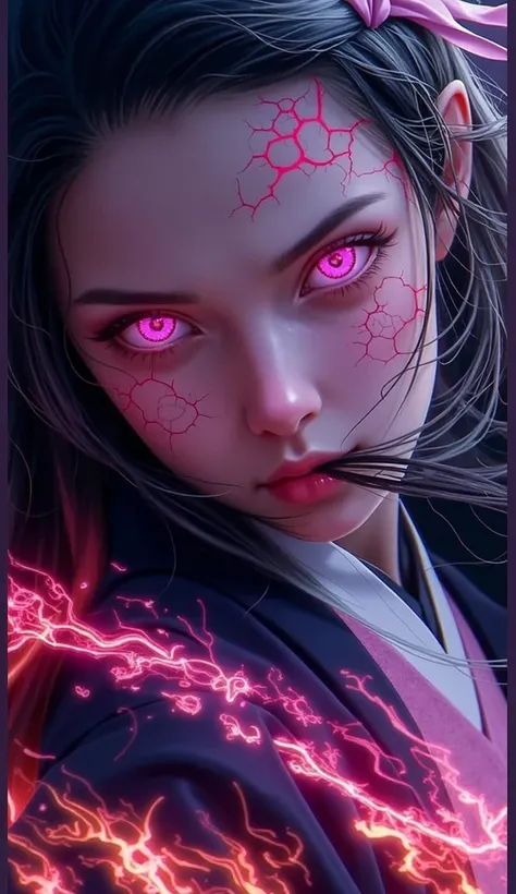 1girl, kamado_nezuko, solo, pink_eyes, black_hair, looking_at_viewer, cracked_skin, hair_ribbon, ribbon, japanese_clothes, long_hair, pink_ribbon, kimono, portrait, forehead, glowing, electricity, lips, eyelashes, realistic, glowing_eyes, fire, mouth_hold,...