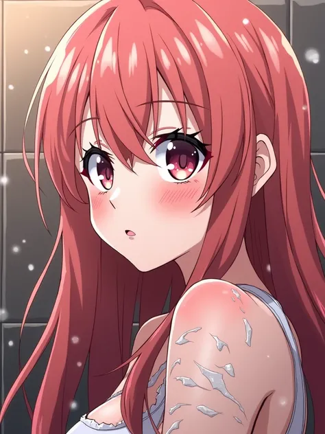 Ragazza, in abiti da palestra trasparenti,anime, sudata, curvy, blush on her face, vestiti molto strappati, background showers, all wet from the water, le cade il top, si tiene con le braccia il seno, 