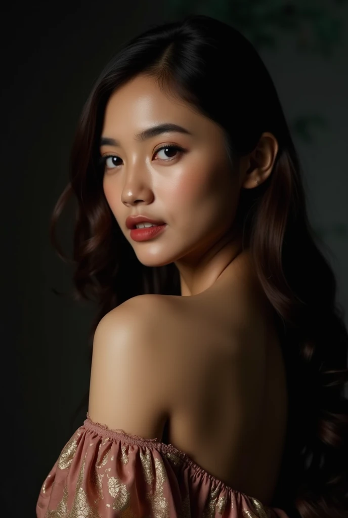 a young woman with long dark brown hair, beautiful young woman wearing dress, dark background, perfect lighting