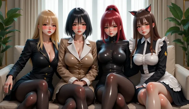 4 women, sitting on a couch, 1st woman blonde with long hair wearing a business suit, 2nd woman with short black hair wearing a winter coat, 3rd woman with dark red ponytail hair wearing a black bodysuit, and 4th woman maid with long straight brown hair we...