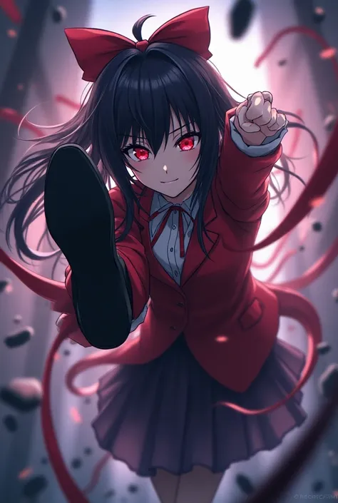 Anime style girl with black hair and red eyes, His foot is raised showing it to the camera while he has a strap in his hand, Who comes out of the screen 